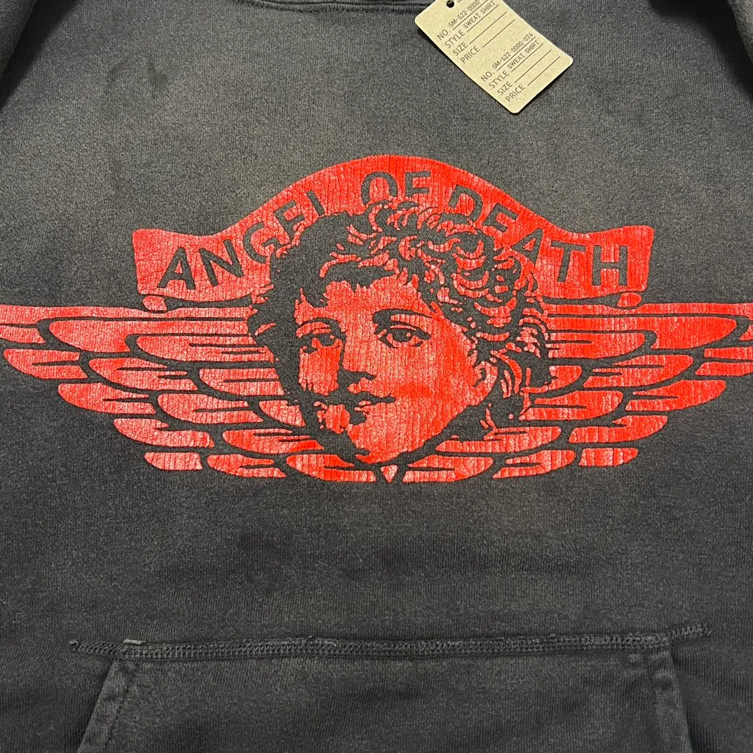 SAINT Mxxxxxx ANGEL HOODIE/BLK Angel Rebirth Crack Printed Retro Distressed Hoodie Assute dyeing, full-length spray-on fade, heavy fermentation wash, NEW VINTAGE texture, factory four-needle and six-thread workmanship, boneless patchwork, more comfortable to wear, genuine level crack print/accessories restored